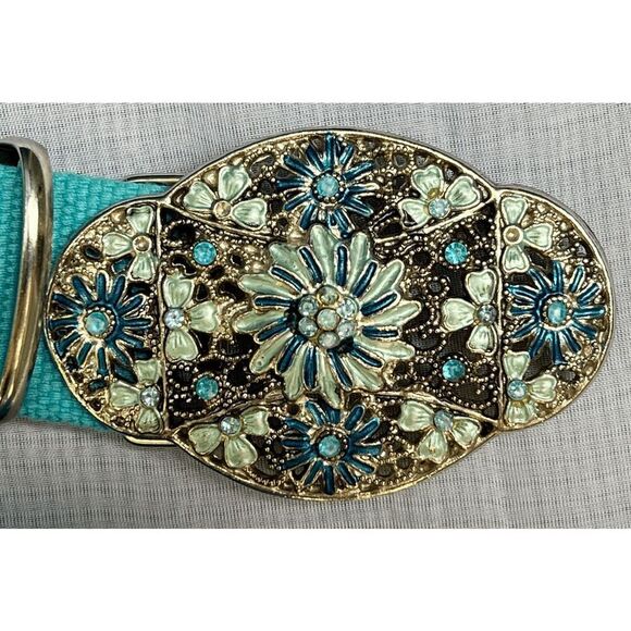 Beautiful Enamel and crystal Belt Buckle on a Wide Turquoise Belt - size 11 39" - Picture 1 of 6
